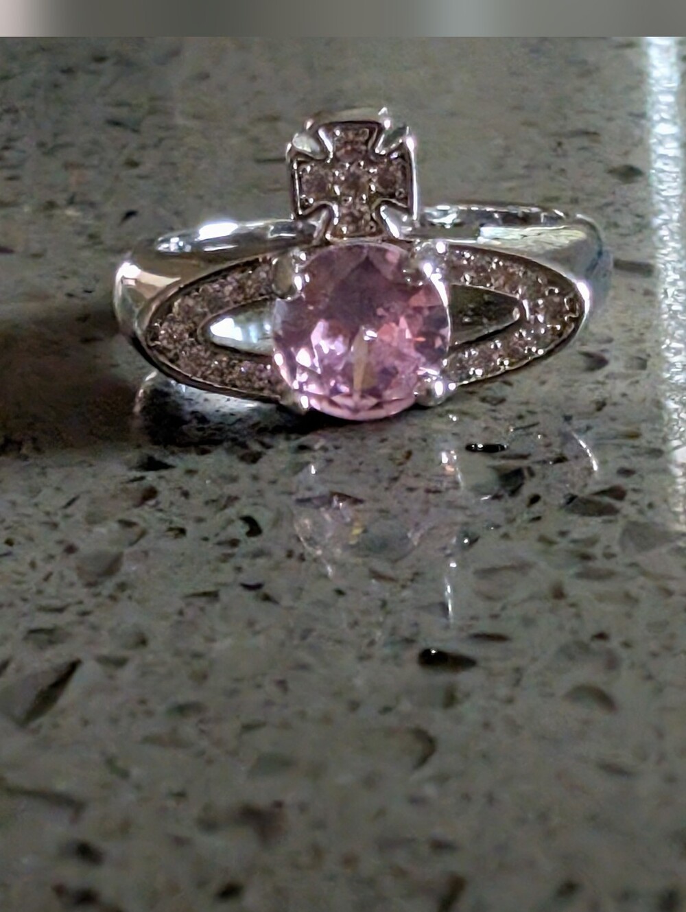 Inspired Designer Silver Ring with Pink Center and Pavé Orb Detail Nwot
